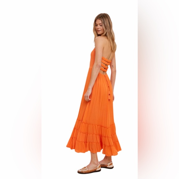 SMOCKED LATTICE BACK HALTER MAXI DRESS - Picture 2 of 2